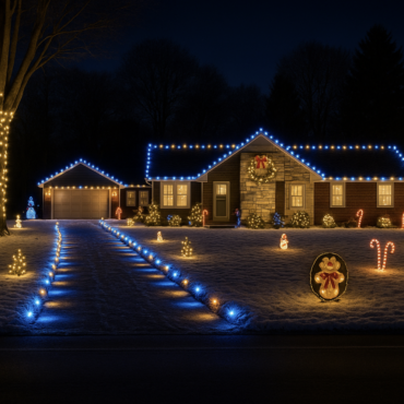House with professional blue and warm white Christmas light installation lining roofline and walkway