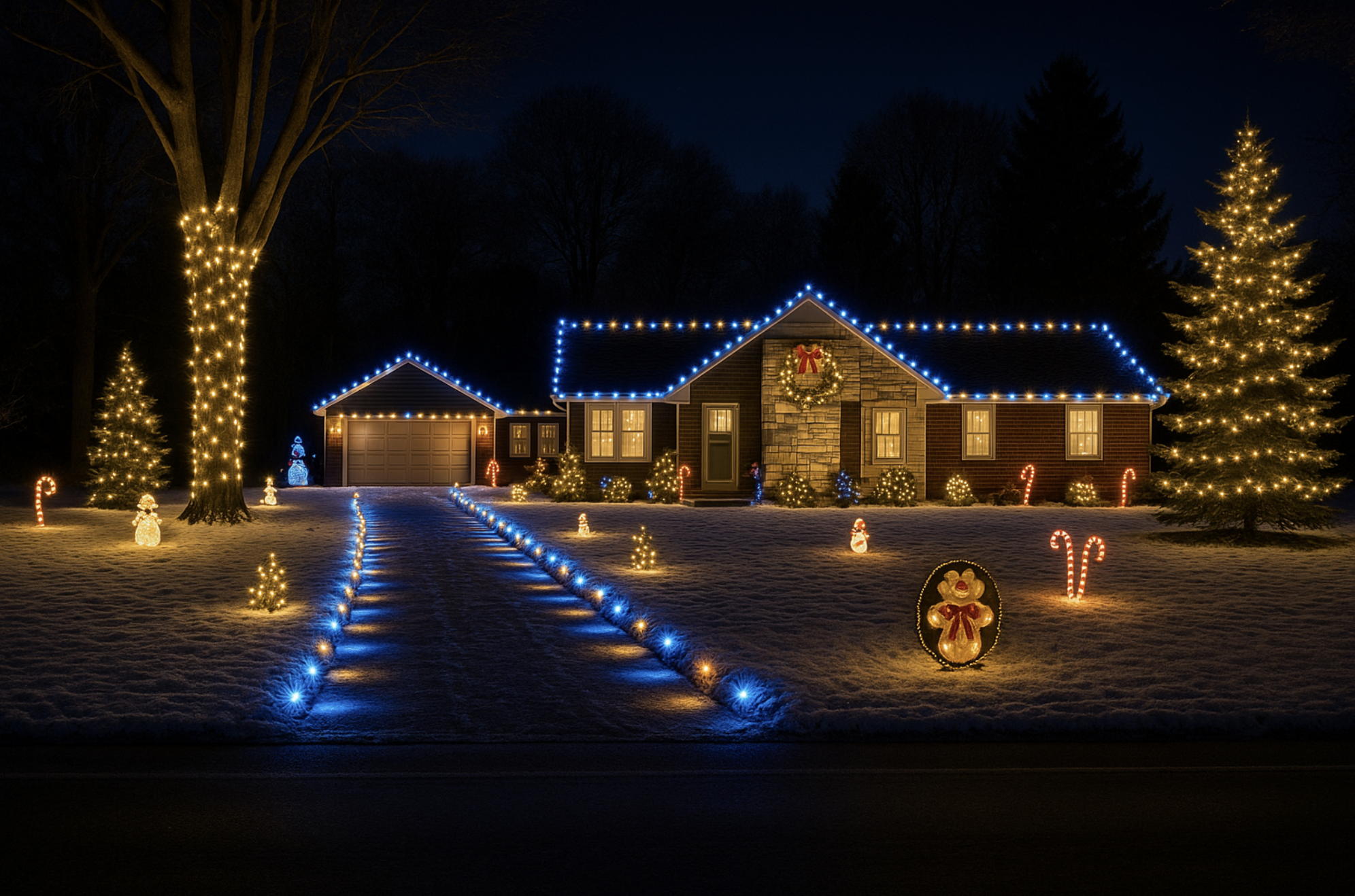House with professional blue and warm white Christmas light installation lining roofline and walkway