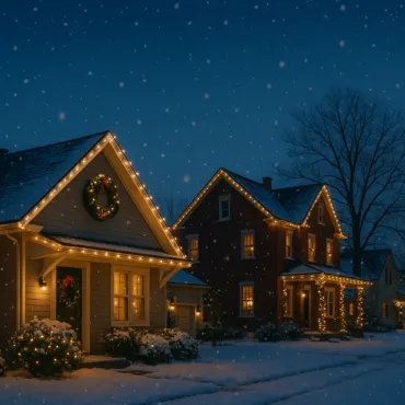 Neighborhood houses decorated with warm white Christmas roofline lights during snowfall at night