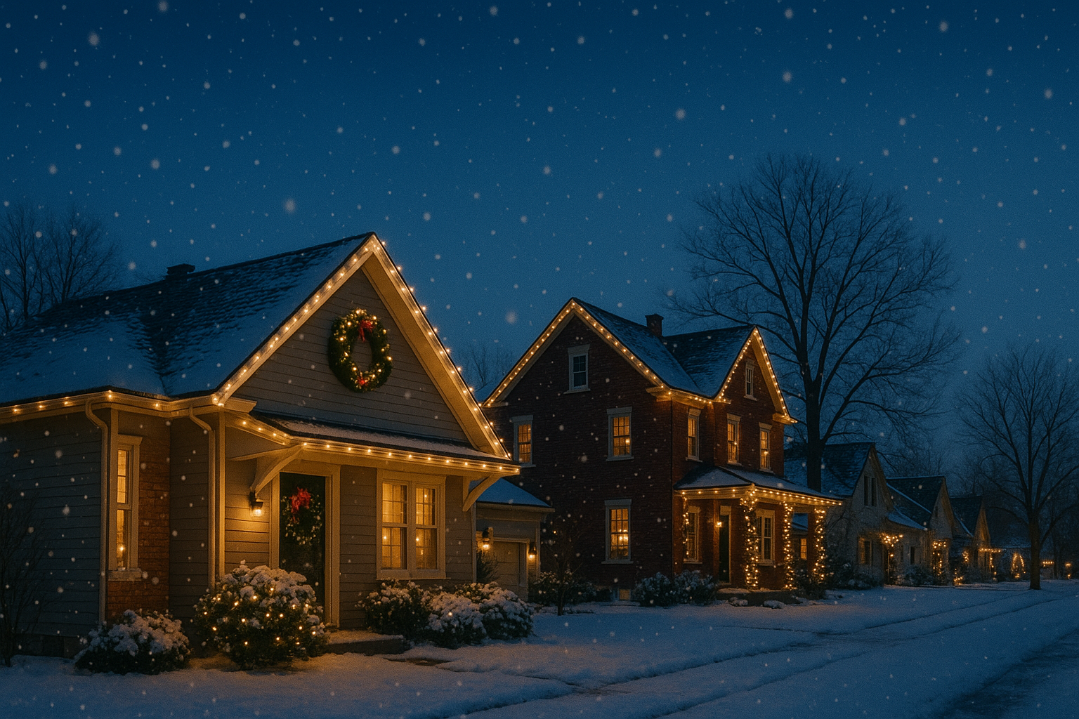 Neighborhood houses decorated with warm white Christmas roofline lights during snowfall at night