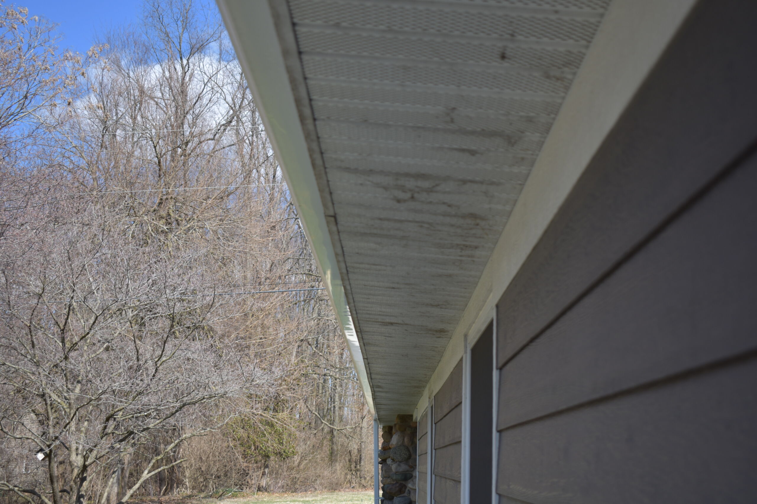 Dirty, algae-stained soffit and eaves on a house exterior before pressure washing